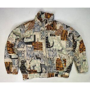 VINTAGE Abvien Dog Cat All Over Print Lightweight Silk Jacket Women Medium 90s
